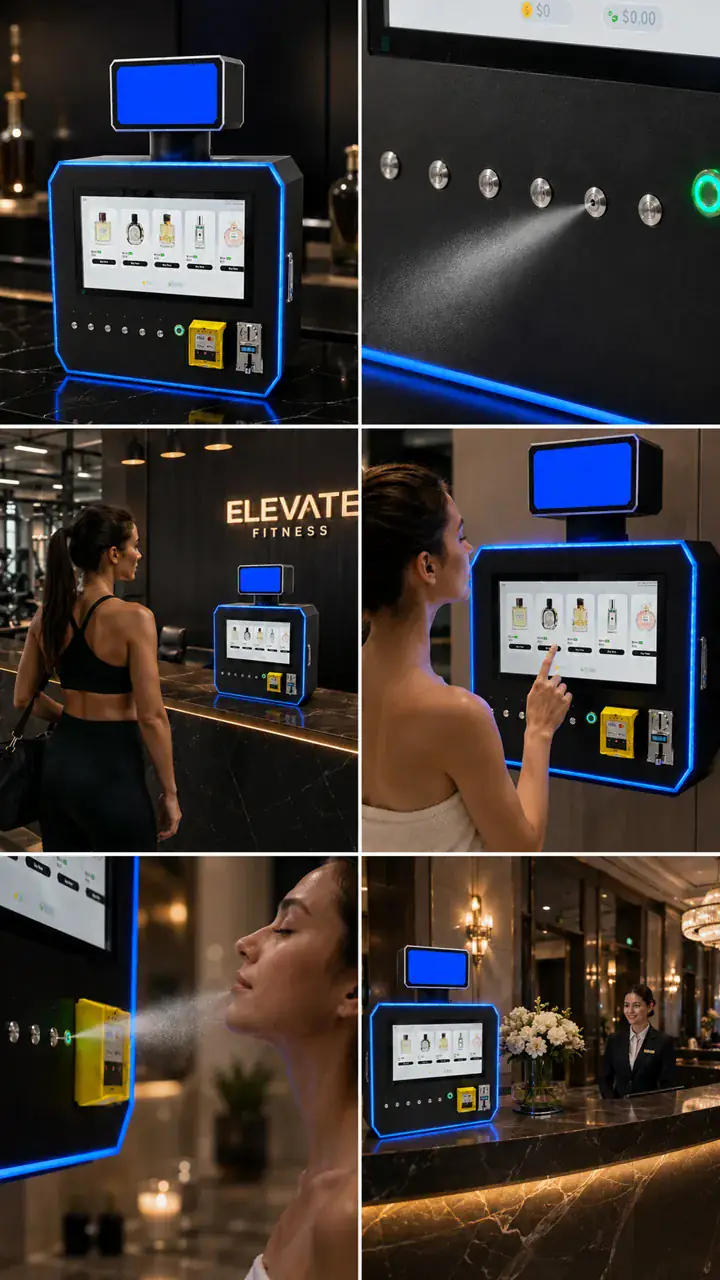 How a perfume vending machine works: select a scent, pay, and spray