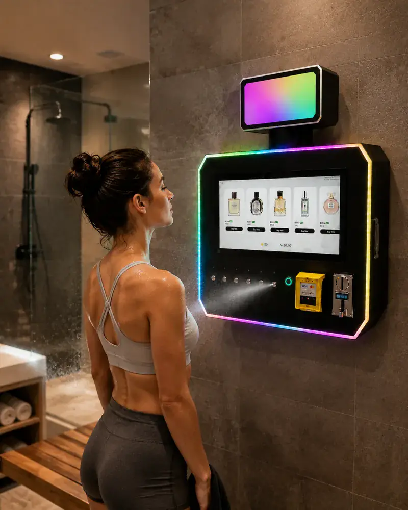 Fragrance vending machine use after a workout at a gym