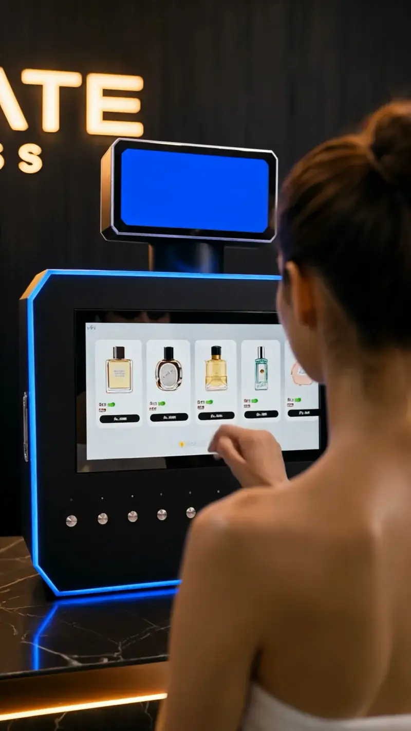 Guest trying a fragrance spray vending machine at a spa