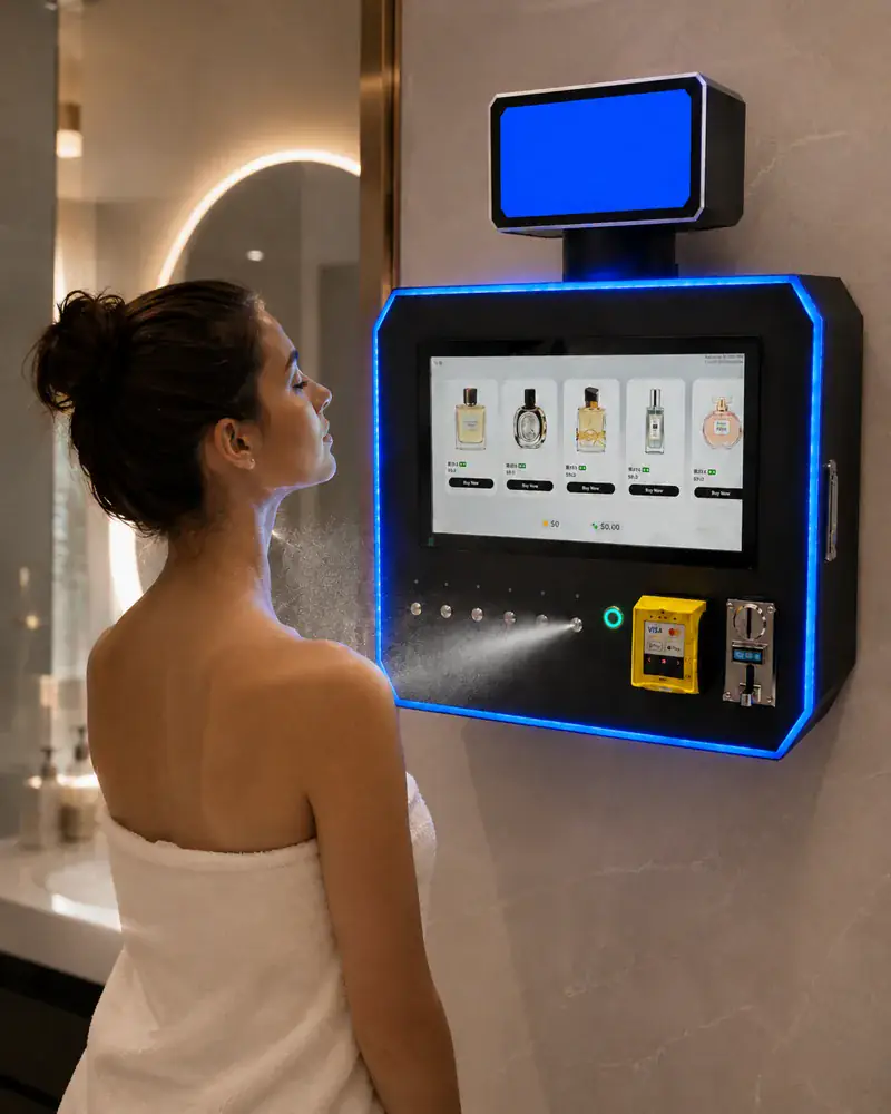 Customer using a smart perfume vending machine